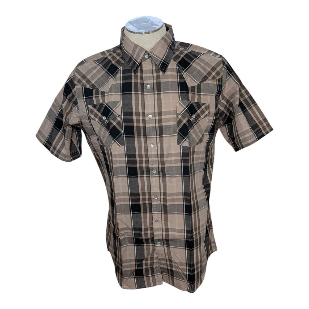 High Noon Men's Western Pearl Snap Button Shirt Adult Large Brown Plaid Cowboy